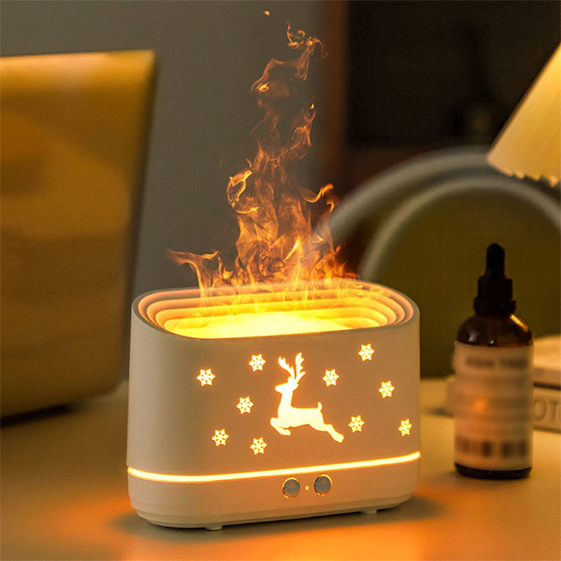 Umidificador e Difusor com Efeito de Chama e Estampa de Rena – Silencioso, para Ambiente Doméstico e Decoração de Natal